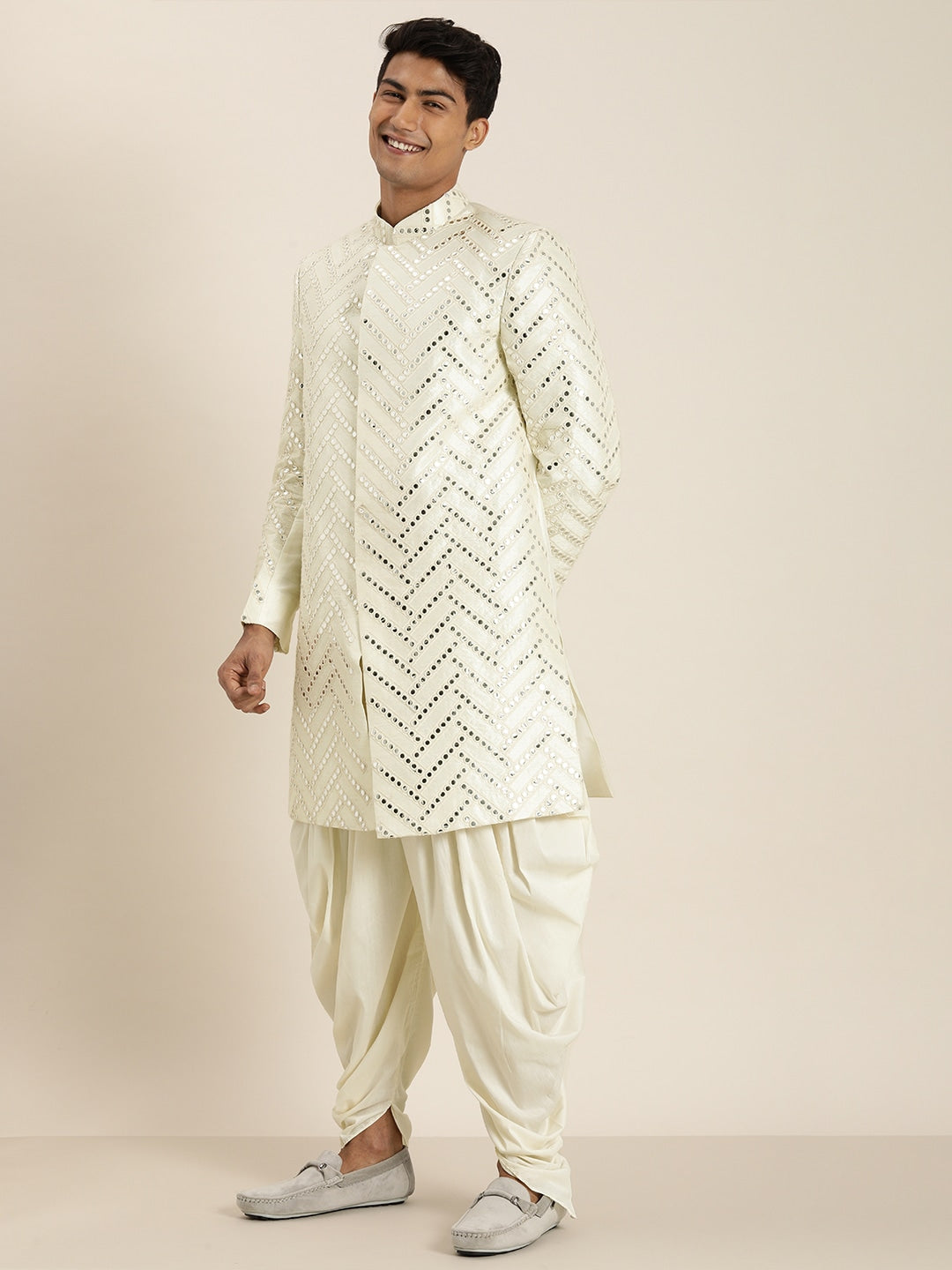 Men's Cream Indo Western Sherwani With Dhoti Set