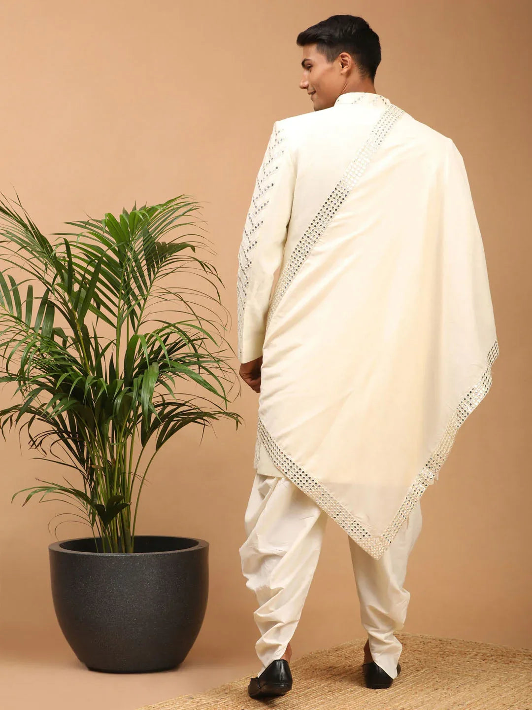 Men's Cream Mirror Indo Western Sherwani With Dupatta Set