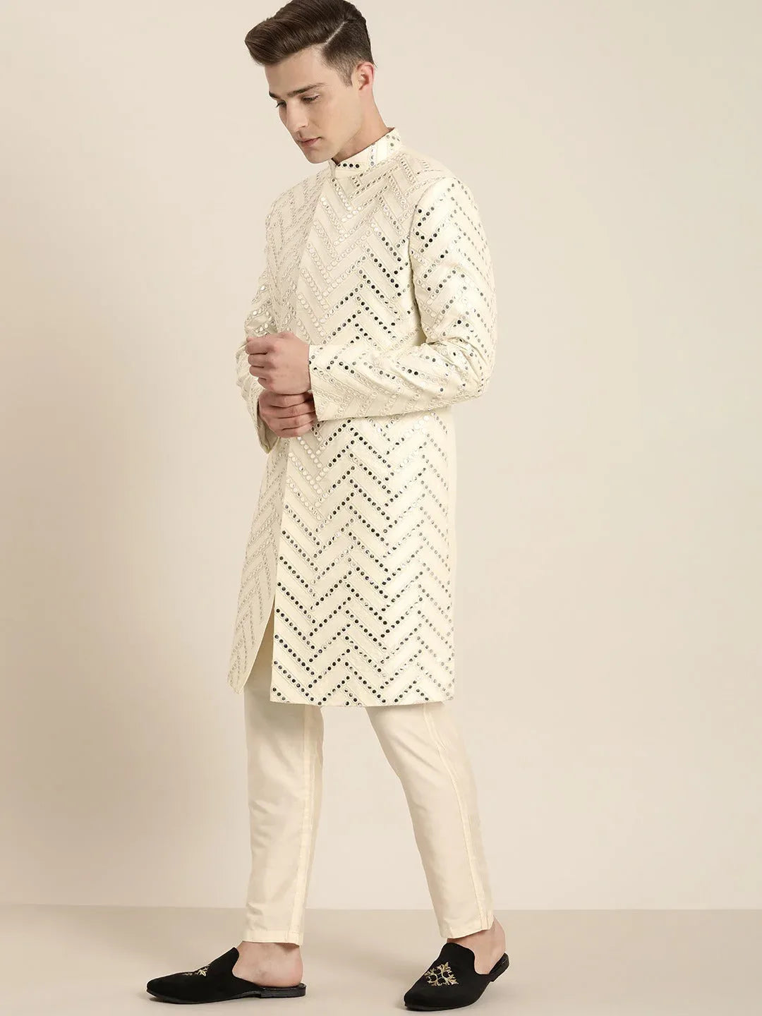 Men's Cream Mirror Indo Western Sherwani With Pant Set