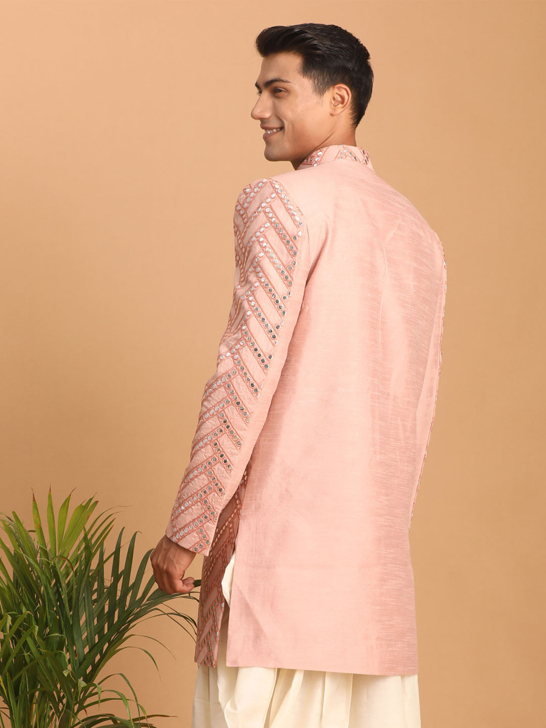 SHRESTHA By VASTRAMAY Men's Pink Mirror Indo Western Sherwani Only Top
