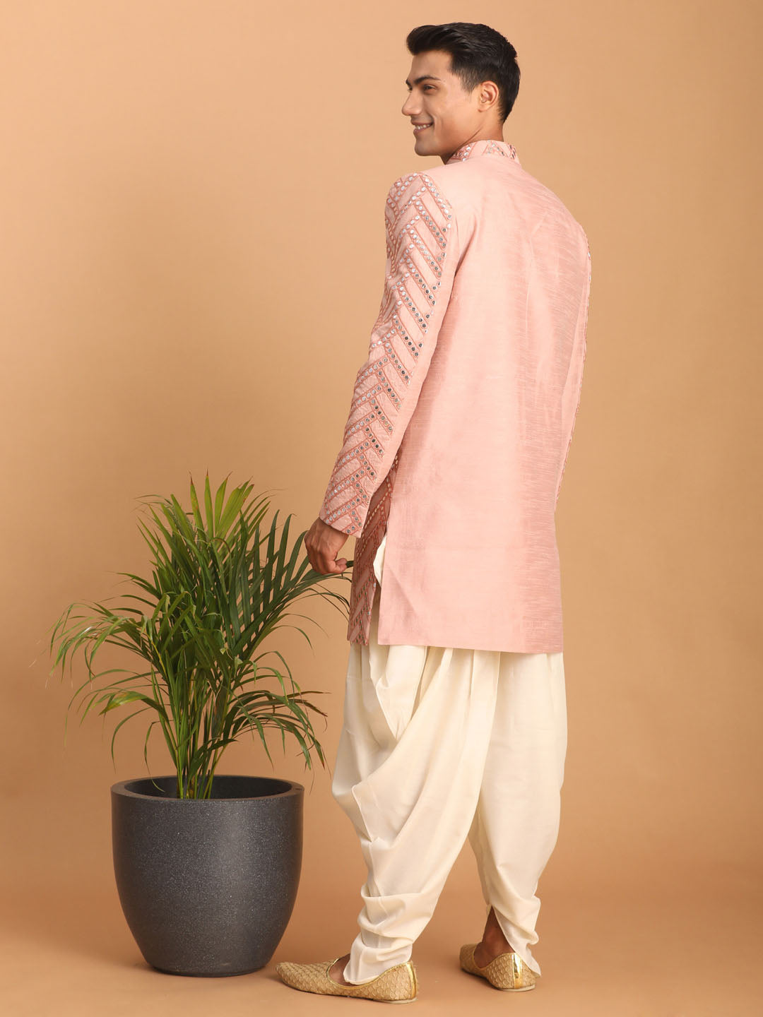 Men's Pink Mirror Indo Western Sherwani With Dhoti Set