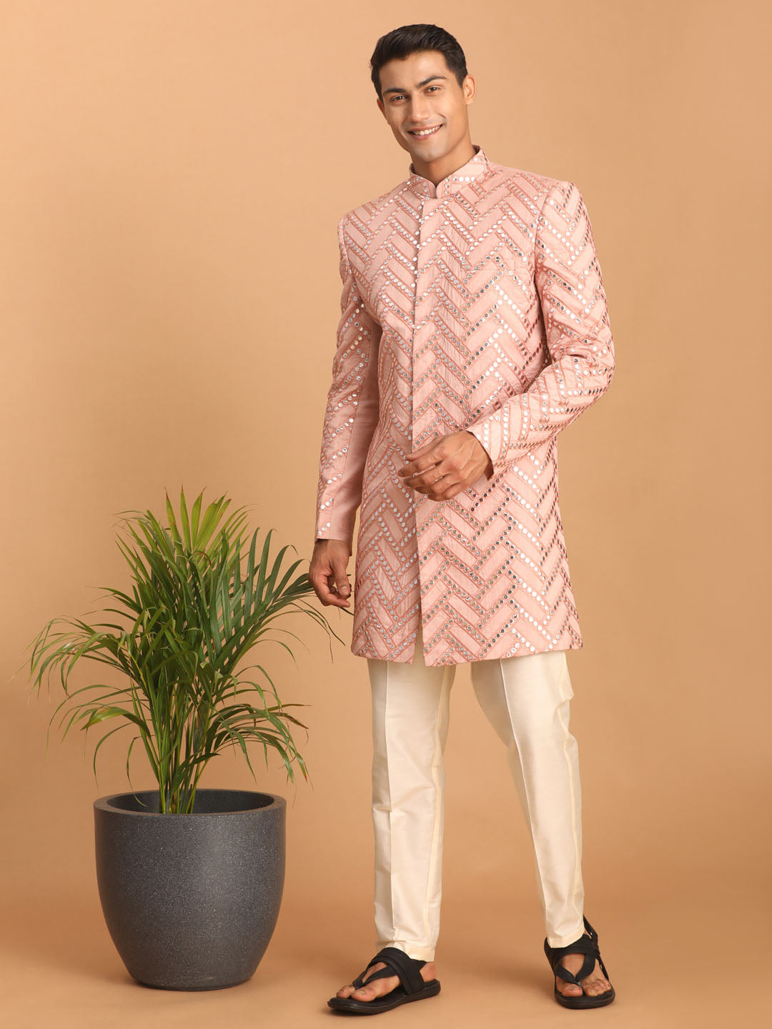 Men's Pink Mirror Indo Western Sherwani With Pant Set
