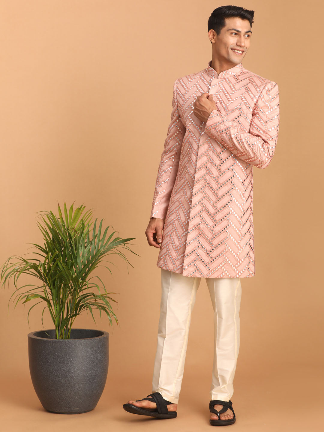 Men's Pink Mirror Indo Western Sherwani With Pant Set