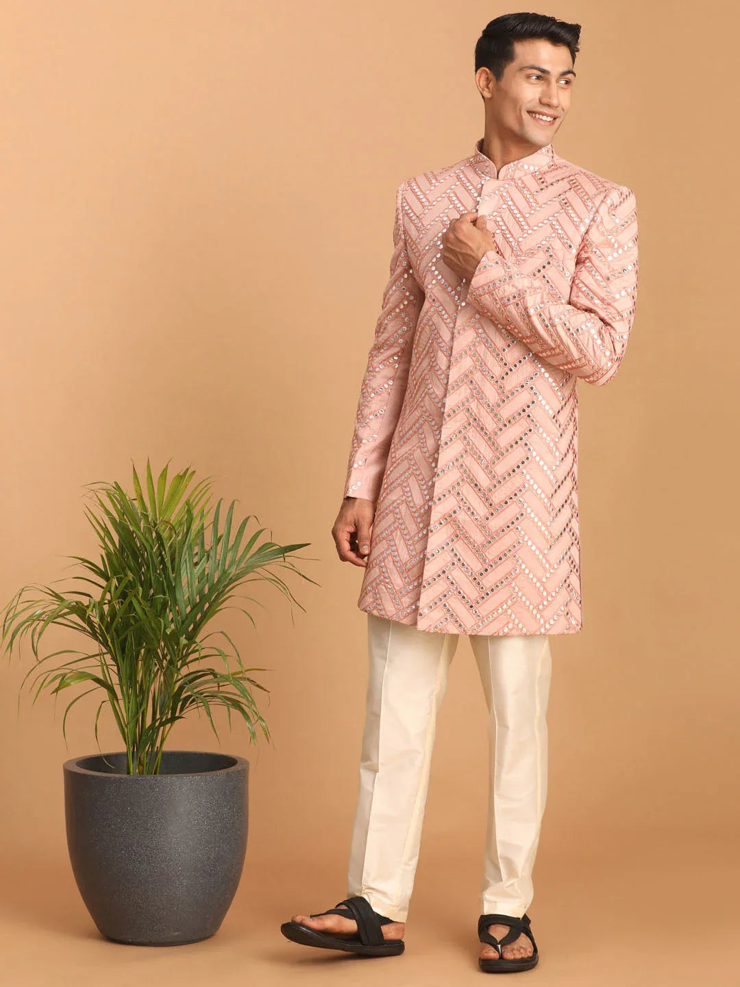 Men's Pink Mirror Indo Western Sherwani With Pant Set
