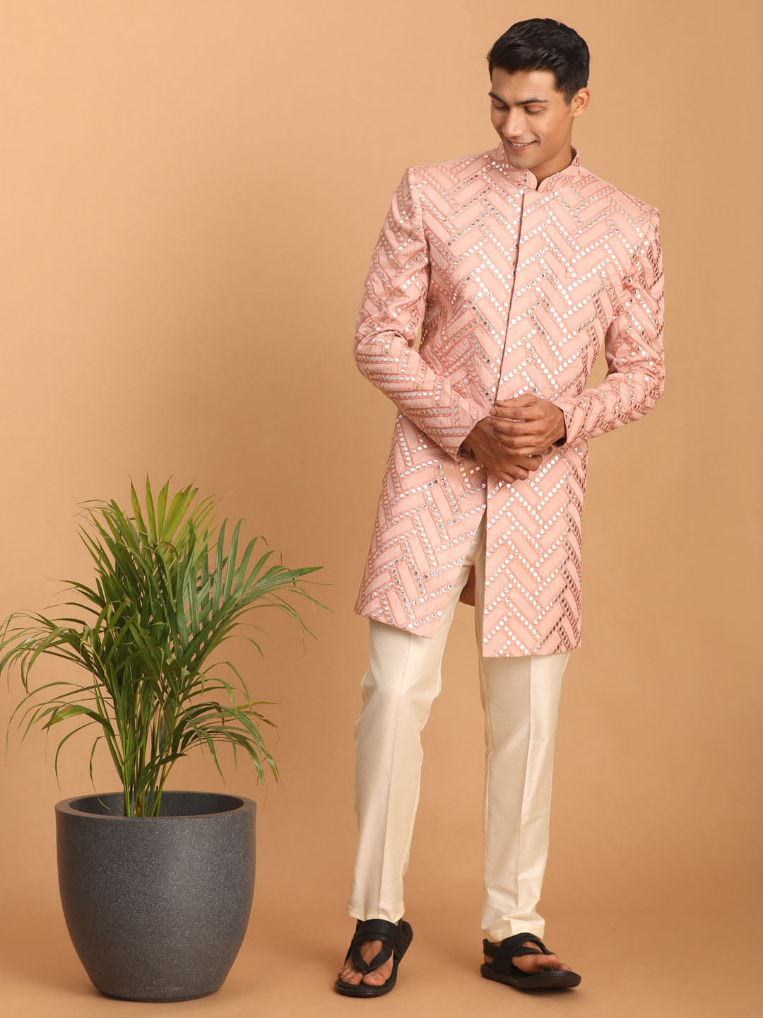 SHRESTHA By VASTRAMAY Men's Pink Mirror Indo Western Sherwani With Pant Set