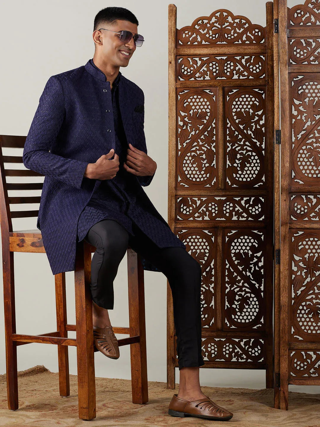 Men's Navy Blue Jacquard Indo With Kurta Pant Set
