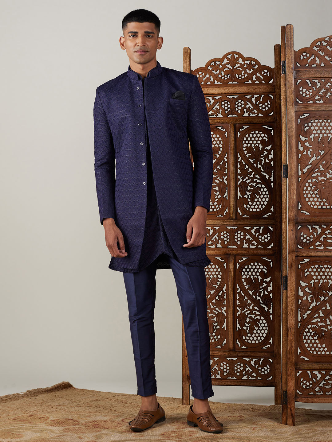 Men's Navy Blue Jacquard Sherwani With Kurta Pant Set