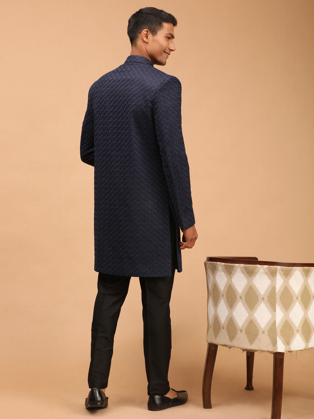 Men's Navy Blue Imported Jacquard Self Design Sherwani Set