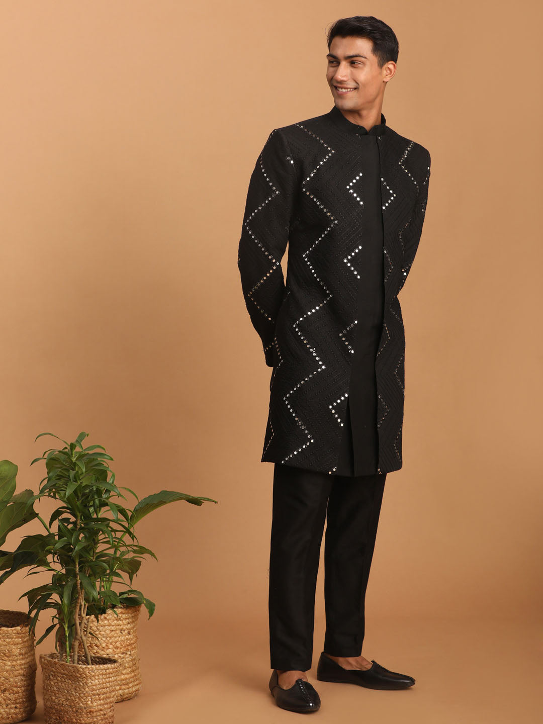 Men's Black Mirror Indo Western Sherwani With Pant Set