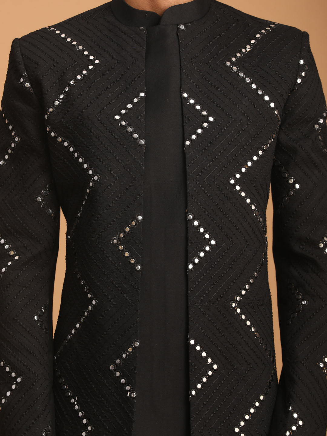 Men's Black Mirror Indo Western Sherwani With Pant Set