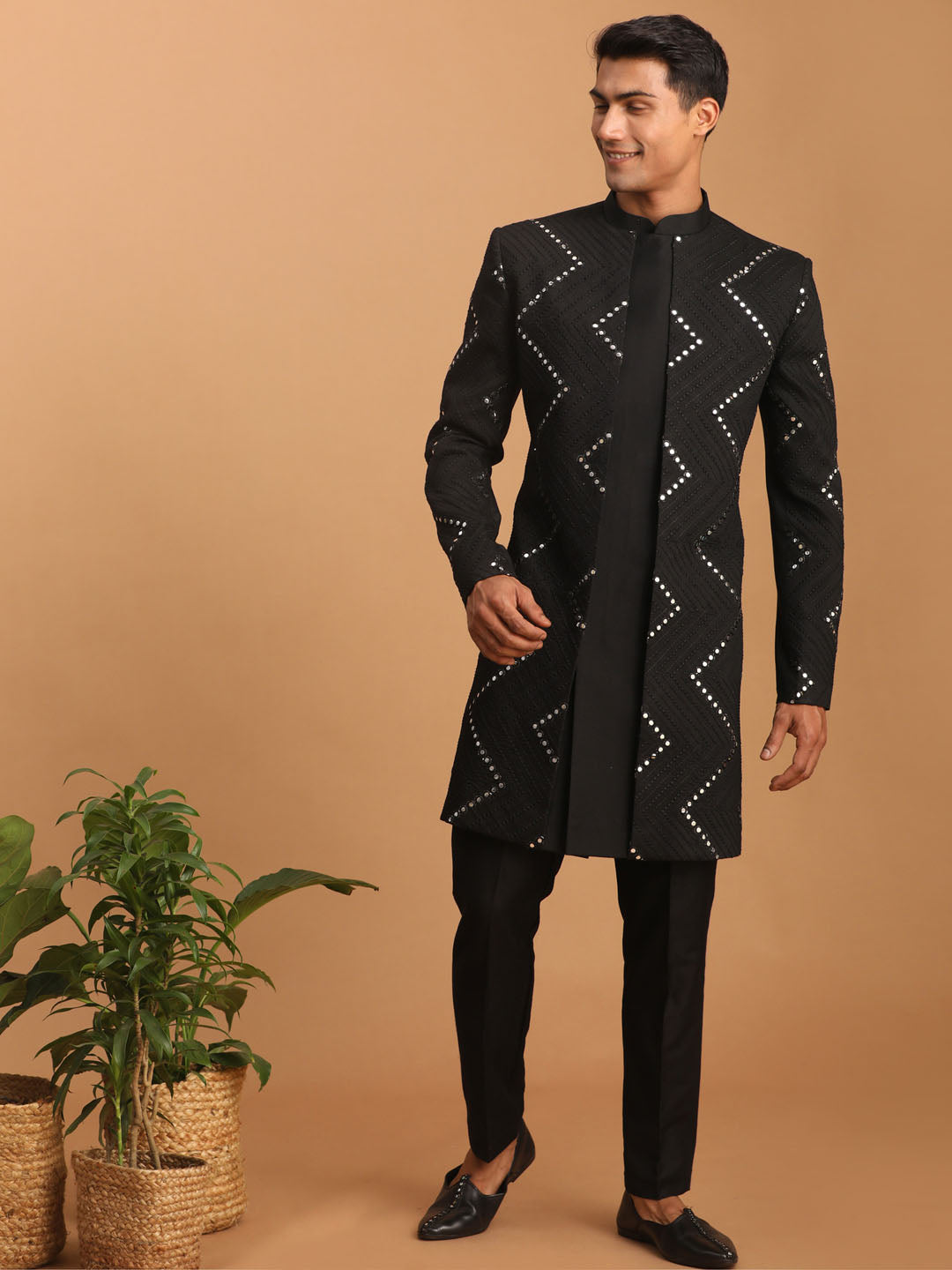 Men's Black Mirror Indo Western Sherwani With Pant Set