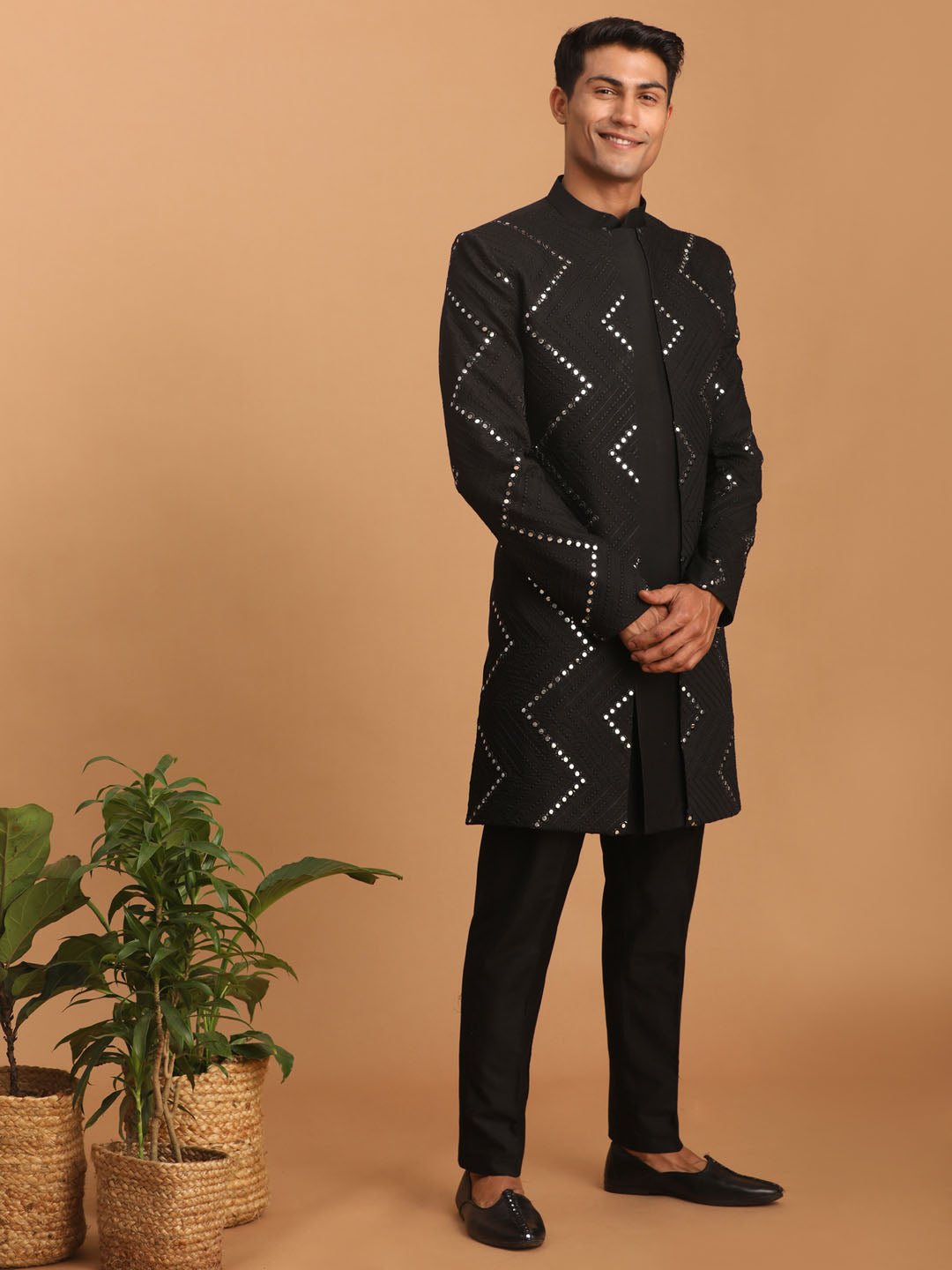Men's Black Mirror Indo Western Sherwani With Pant Set