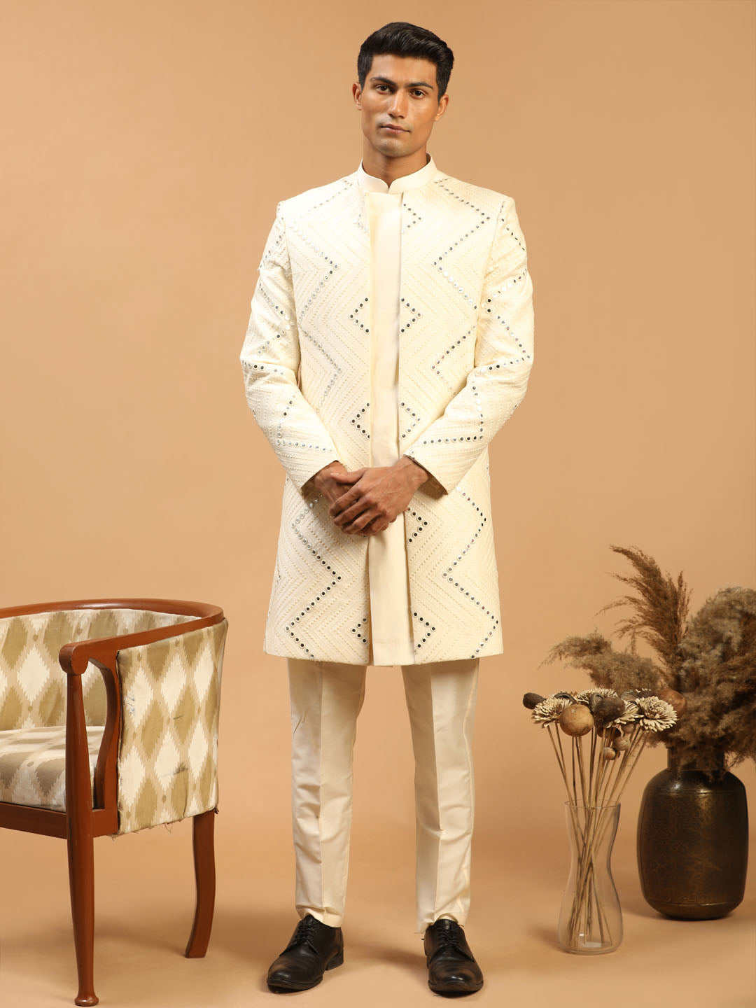 Men's Cream Mirror Indo Western Sherwani With Pant Set