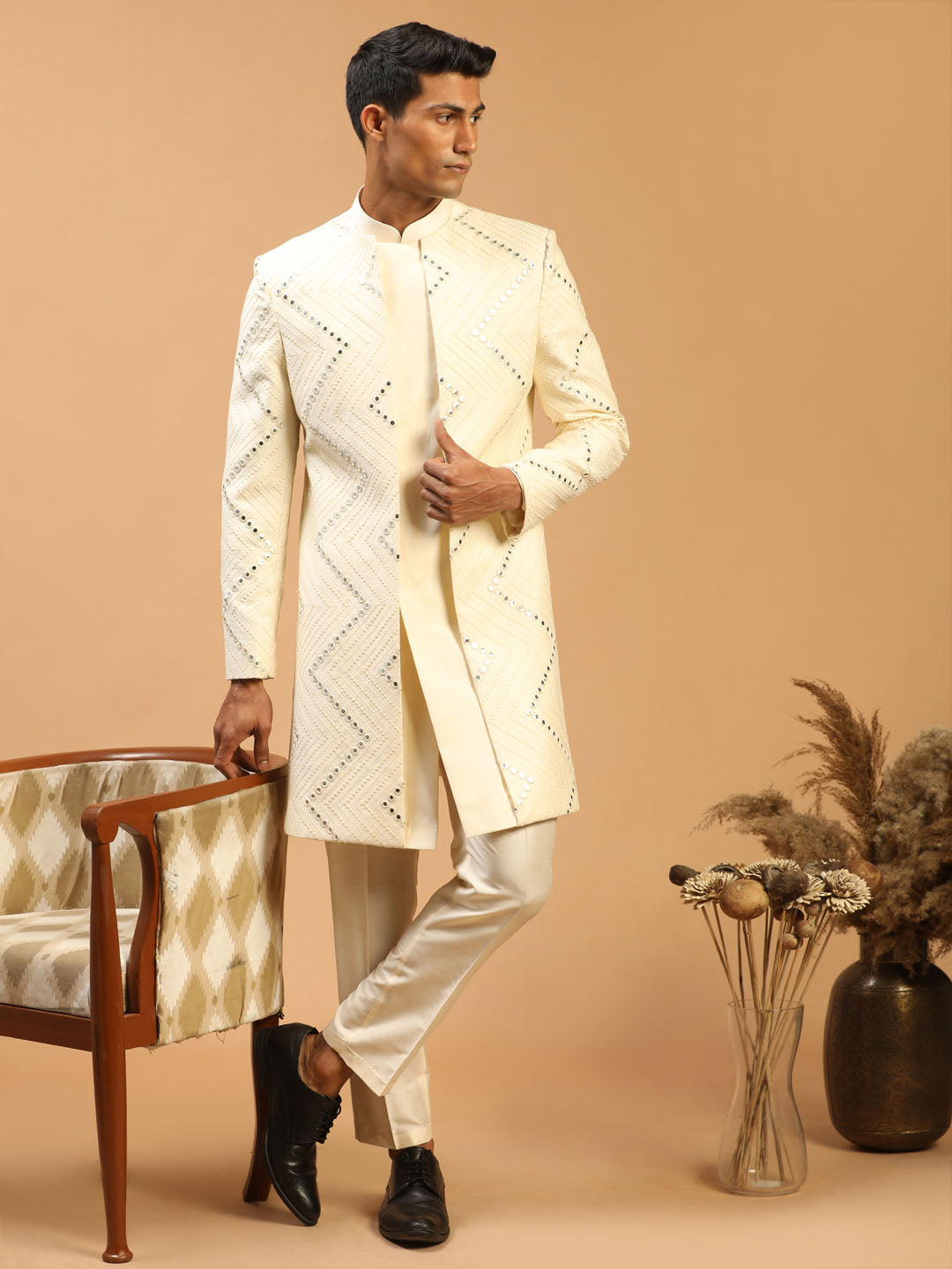 Men's Cream Mirror Indo Western Sherwani With Pant Set