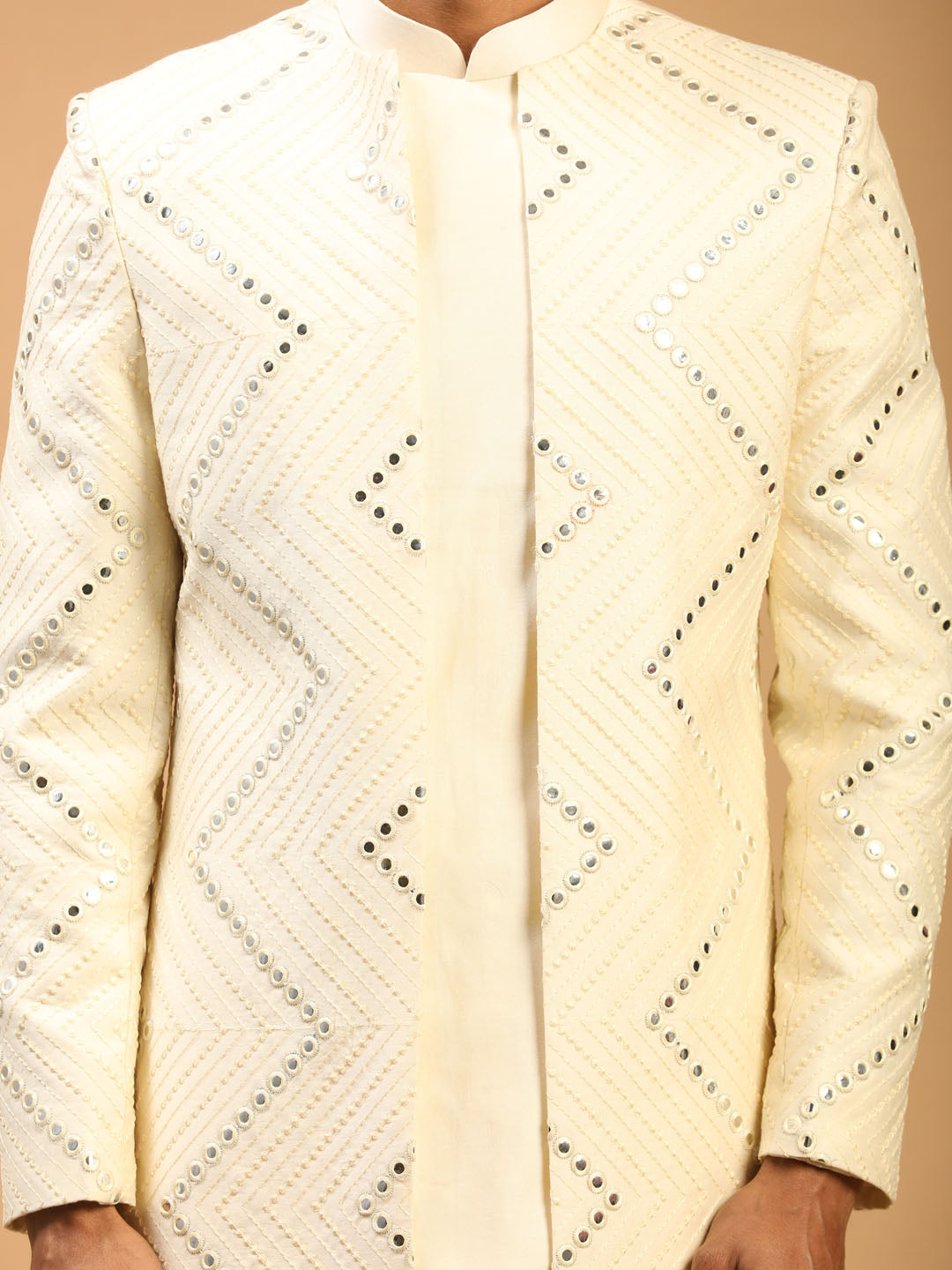 Men's Cream Mirror Indo Western Sherwani With Pant Set