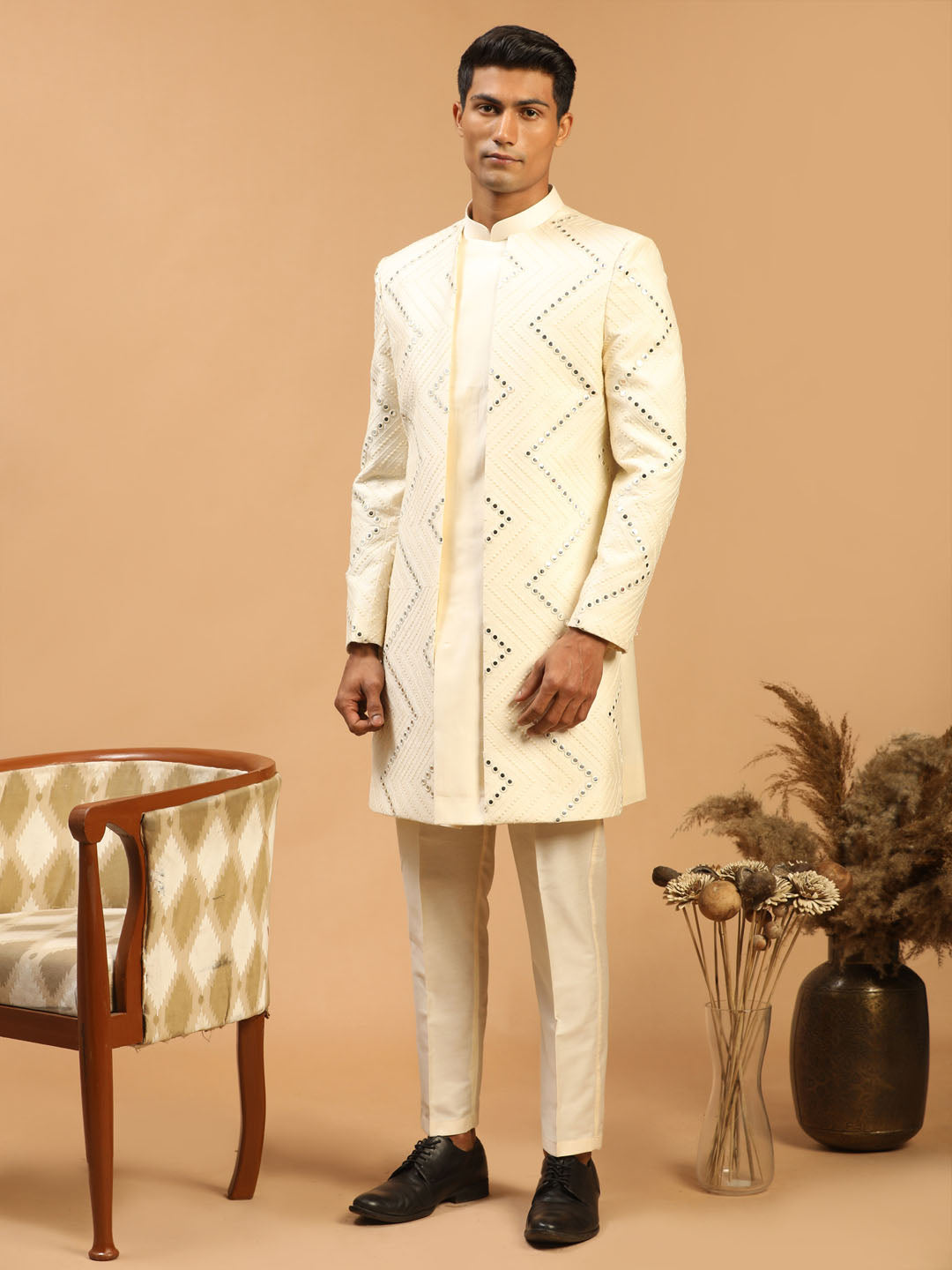 Men's Cream Mirror Indo Western Sherwani With Pant Set