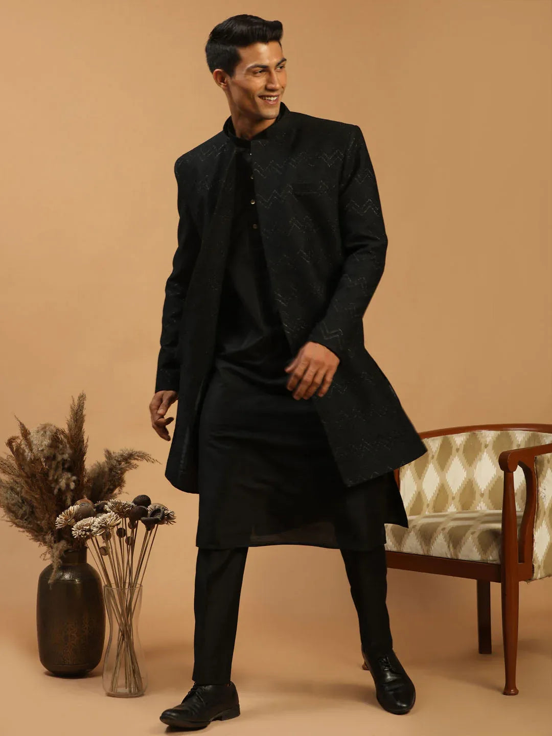 Men's Black Glitter Indo Sherwani With Kurta Pant Set