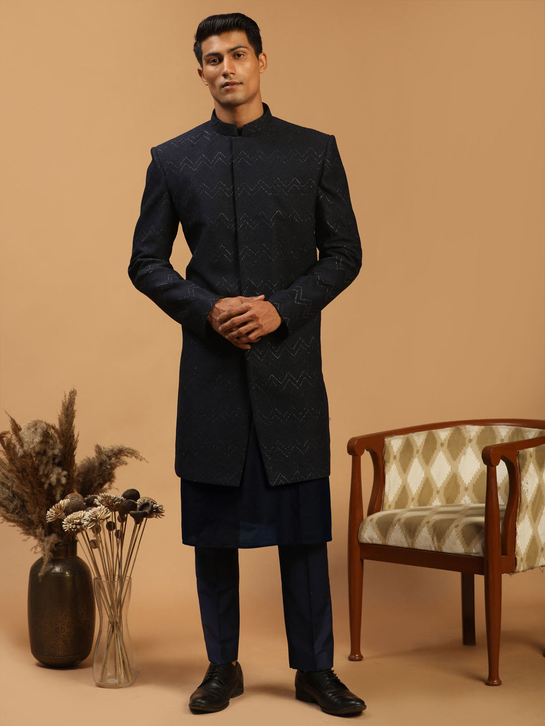 Men's Navy Blue Glitter Indo Western Sherwani With Kurta Pant Set