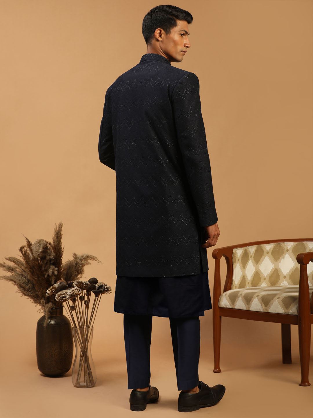 Men's Navy Blue Glitter Indo Western Sherwani With Kurta Pant Set