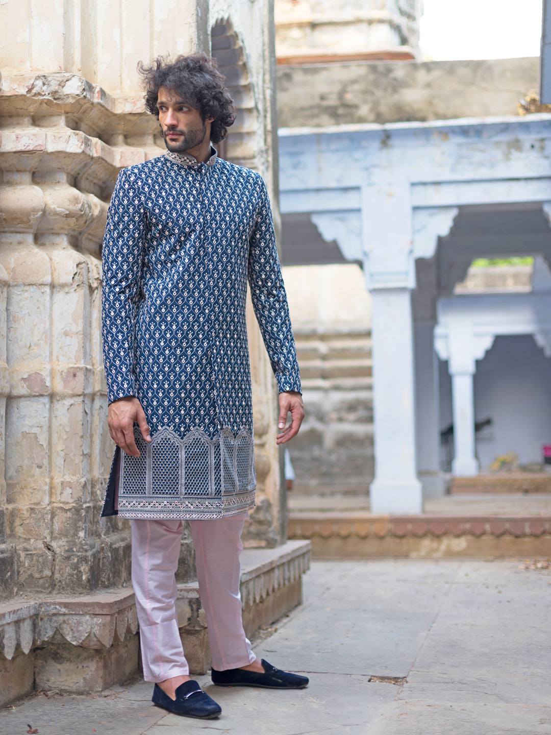 Men's Navy Blue And Pink Georgette Sherwani With Kurta Pyjama Set