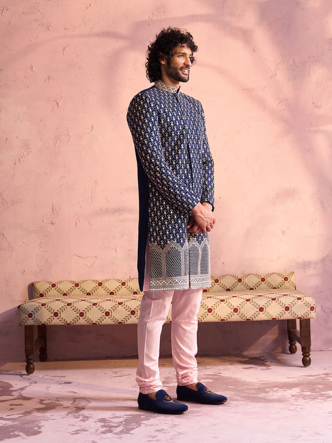 Men's Navy Blue And Pink Georgette Sherwani With Kurta Pyjama Set