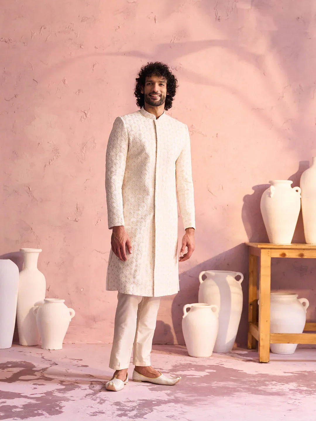 Men's Cream Georgette Embellished Indo Western Set