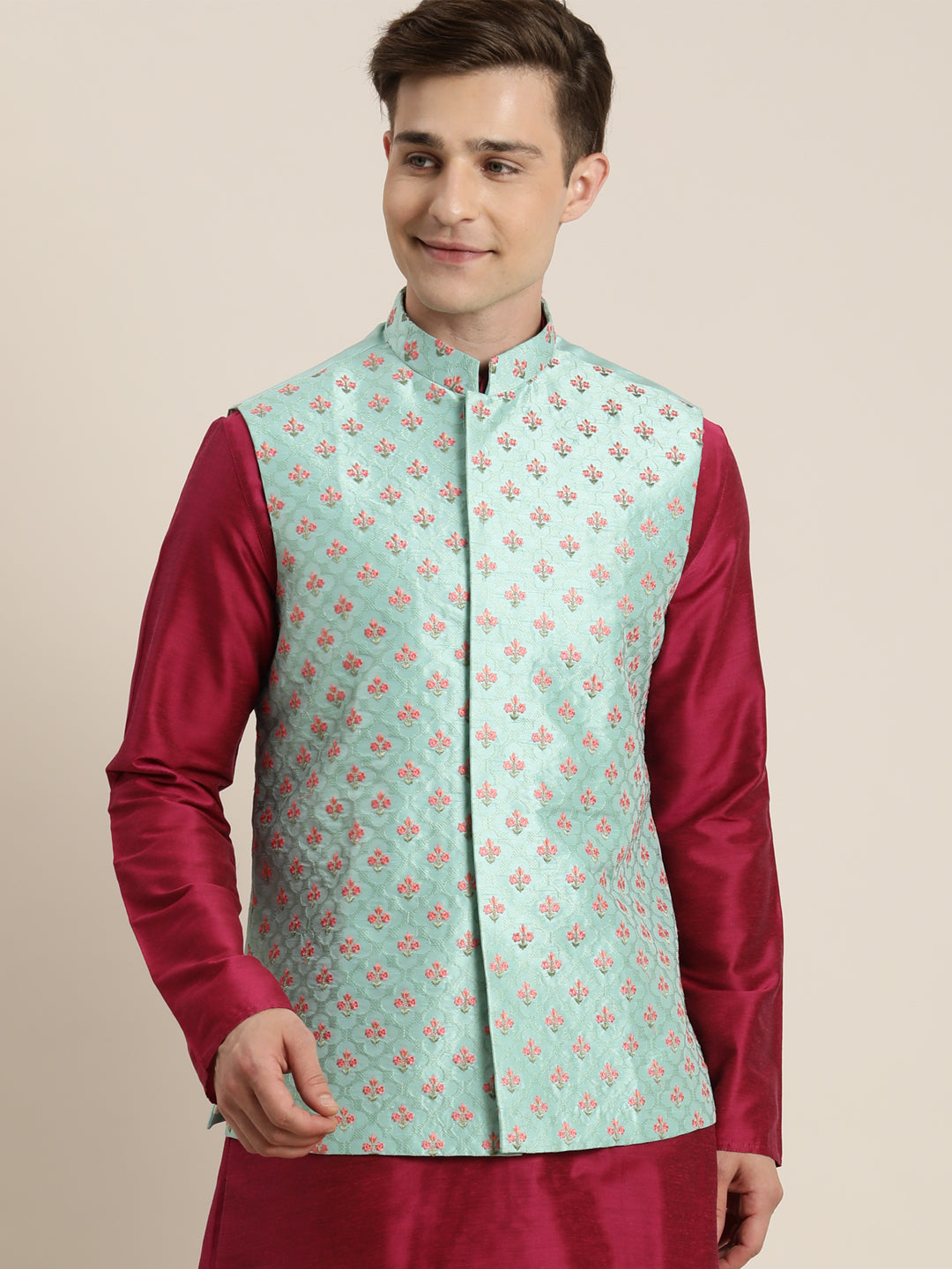 Men's Green Embroidered Ethnic Jacket