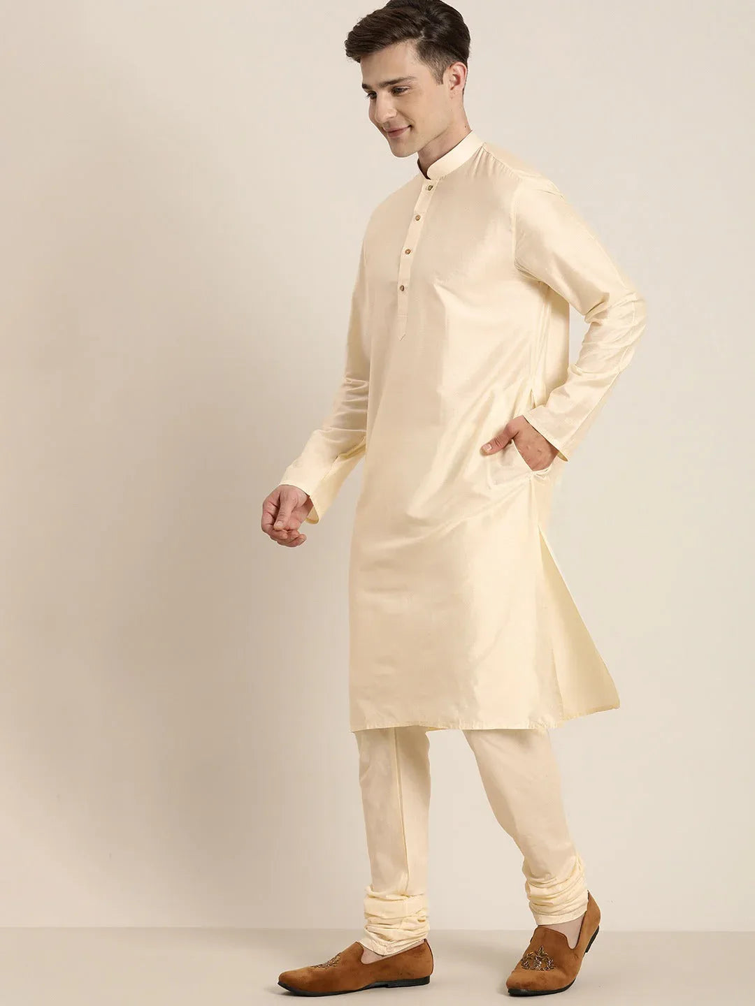 Men's Beige Mirror Work Kurta With Churidar With Ethnic Jacket