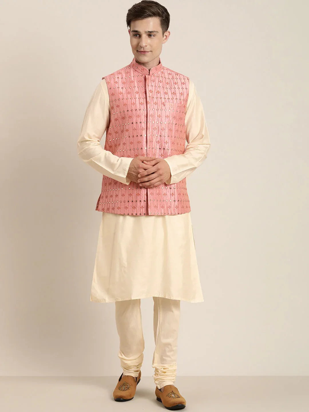 Men's Beige Mirror Work Kurta With Churidar With Ethnic Jacket