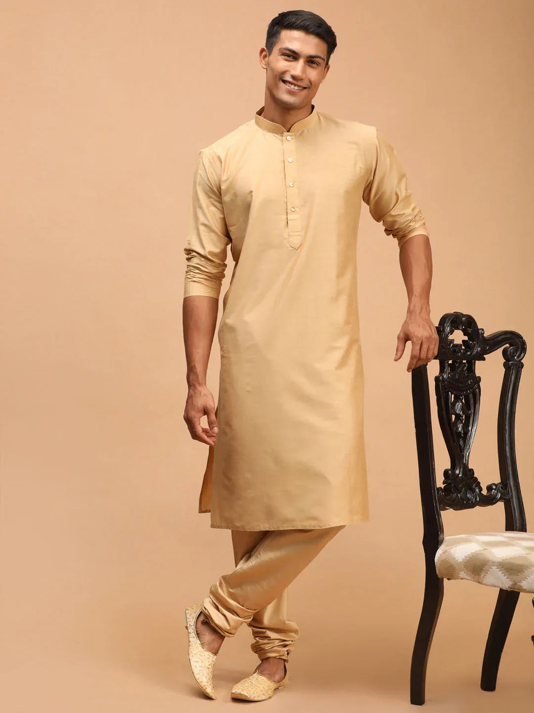 Men's Gold Woven Design Flap Ethnic Jacket And Rose Gold Kurta And Pyjama Set