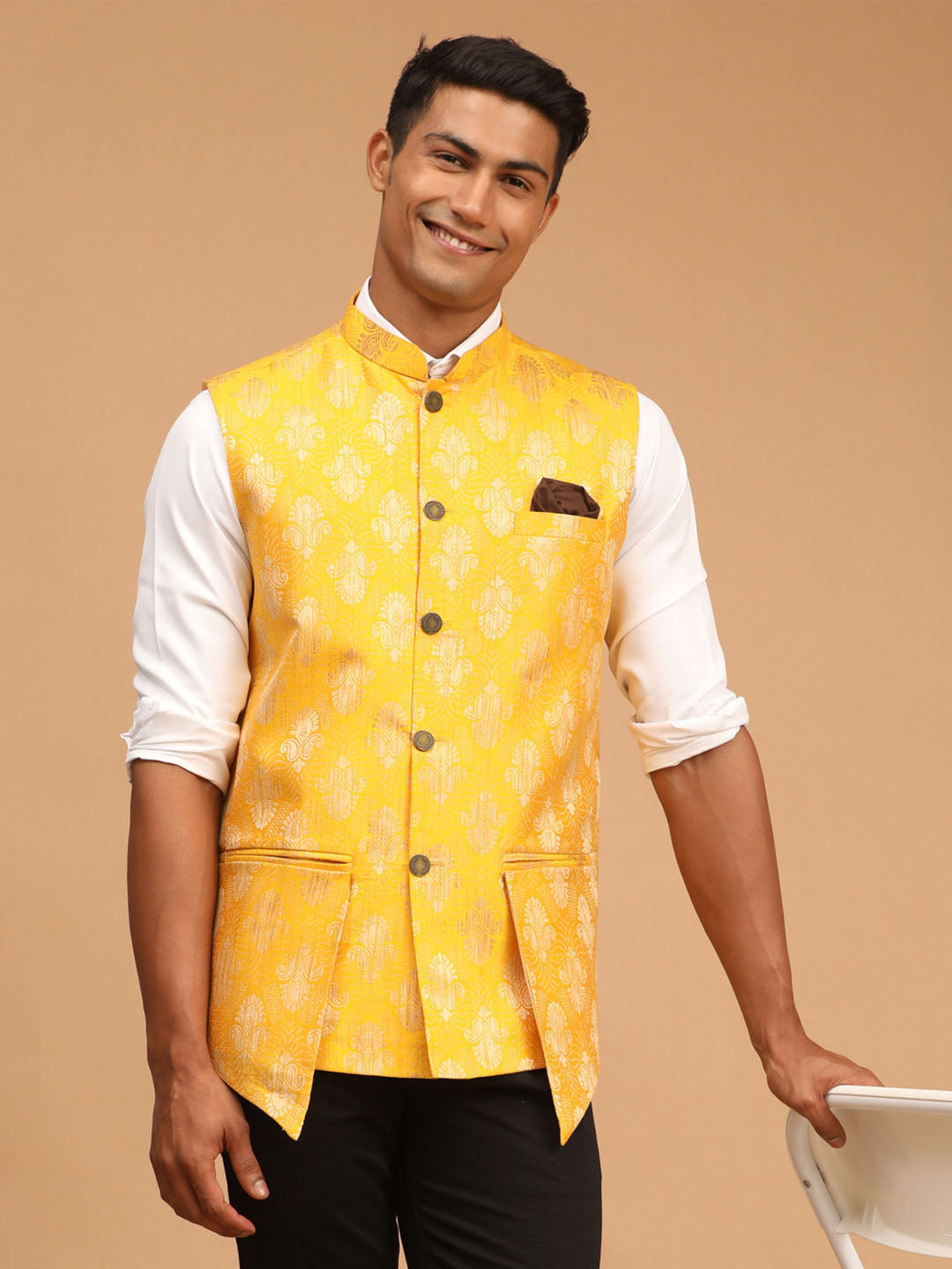 Men's Yellow Woven Flap Ethnic Jacket