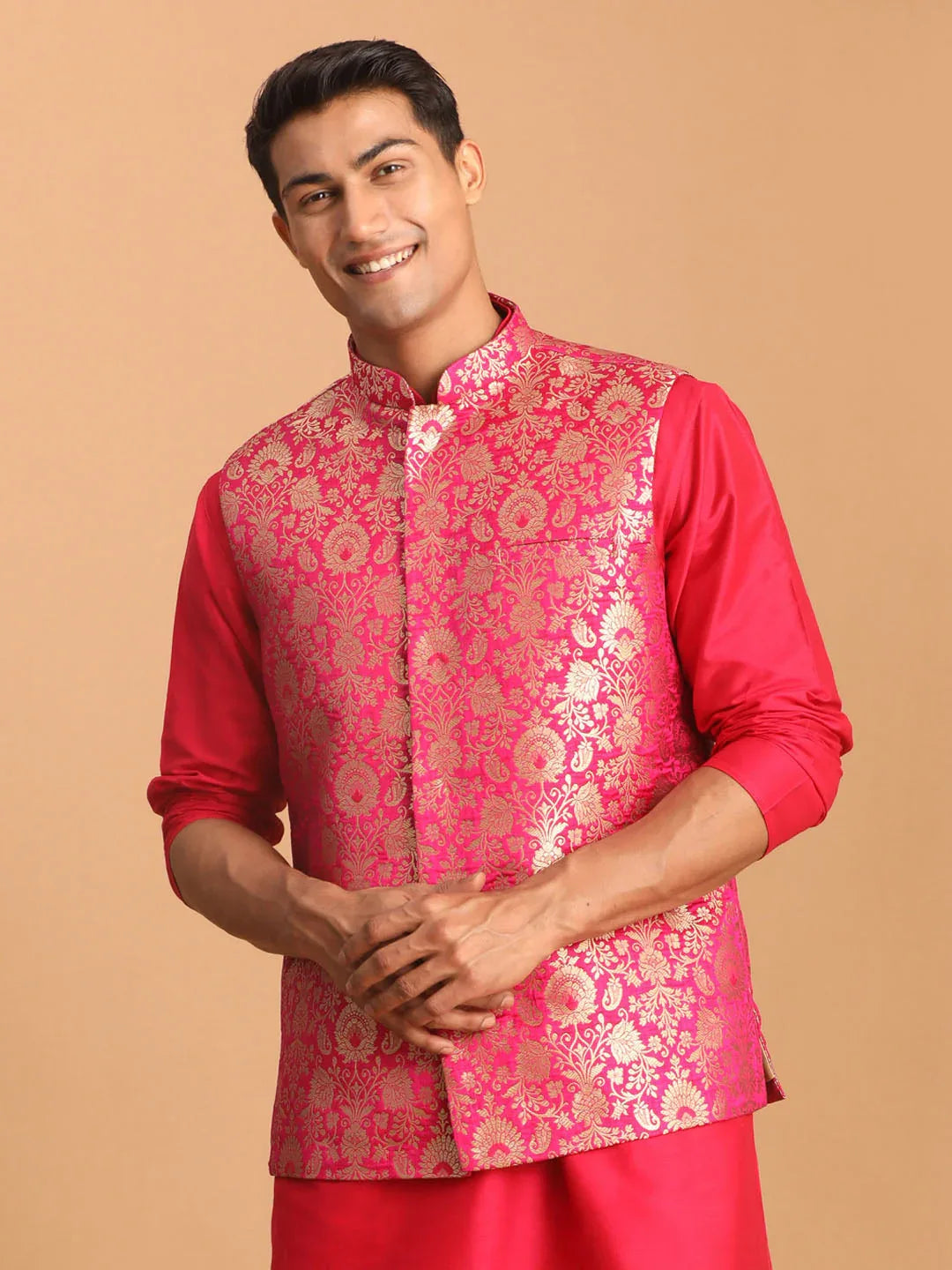 Men's Valentino Pink Flower Motif Jacquard Nehru Jacket