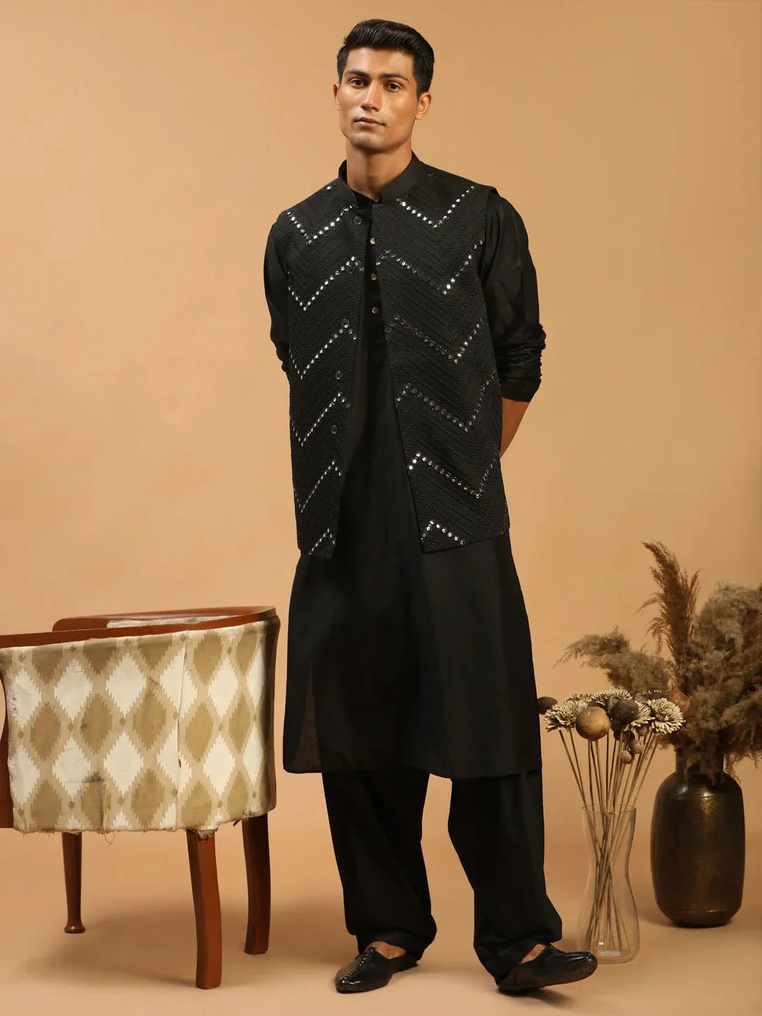 Men's Black Mirror Jacket With Kurta Patiala Set