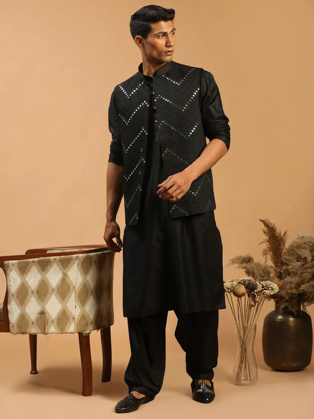 Men's Black Mirror Jacket With Kurta Patiala Set