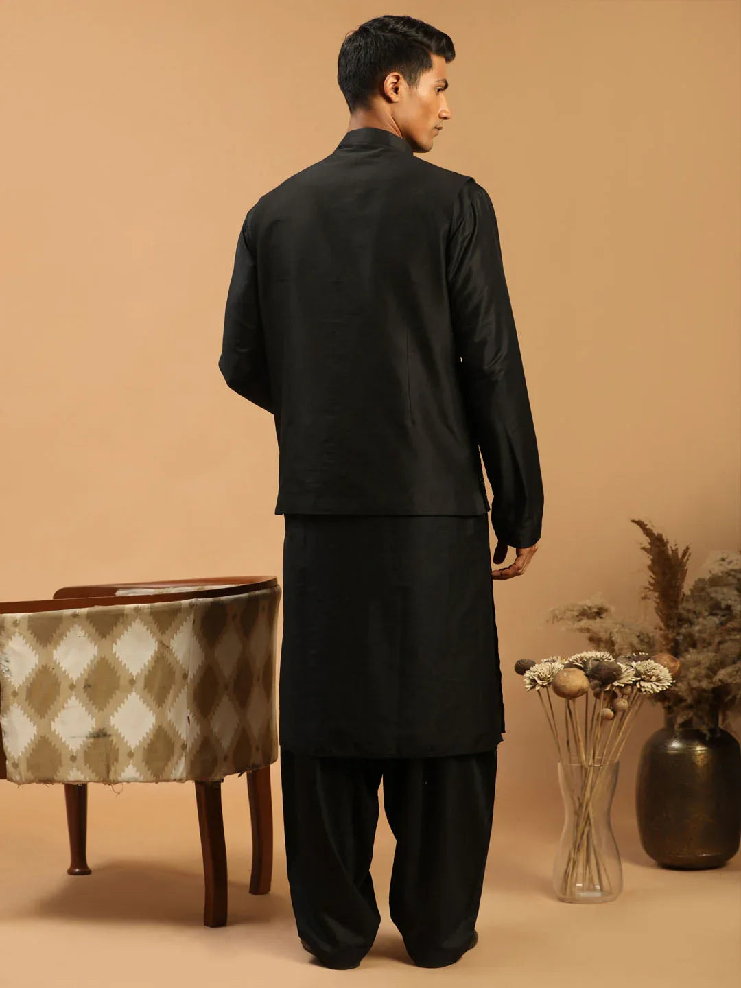 Men's Black Mirror Jacket With Kurta Patiala And Dupatta Set