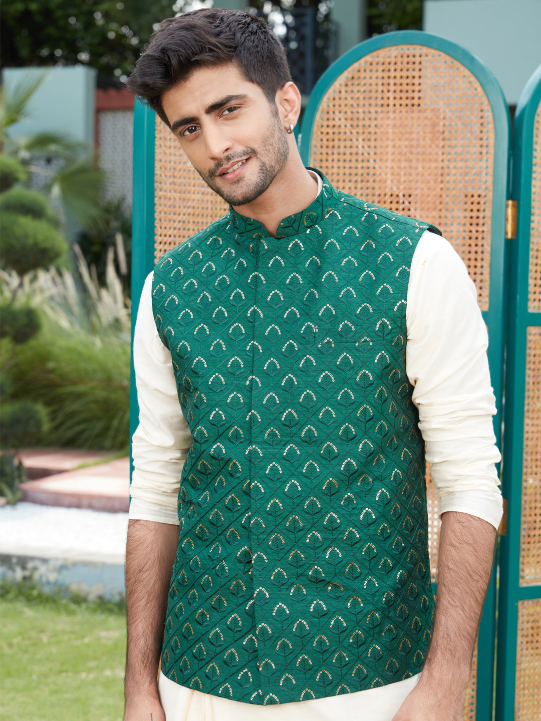 Men's Green Embellishd Ethnic Nehru Jacket