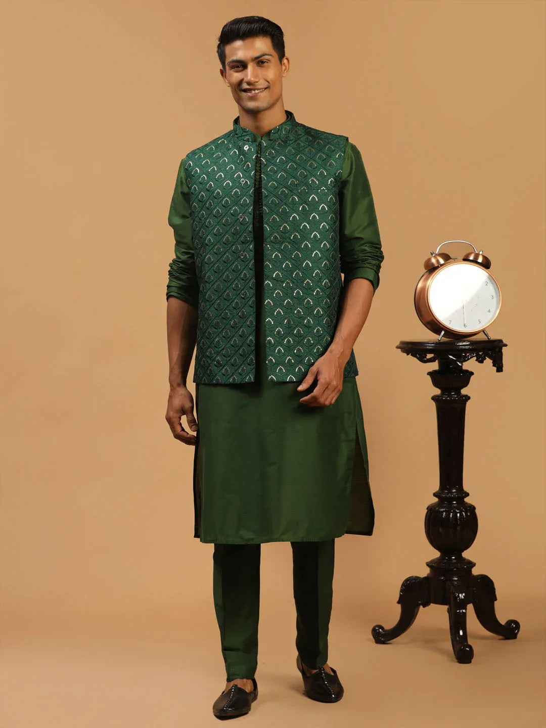 Men's Green Embellished Jacket And Green Kurta And Pant Set