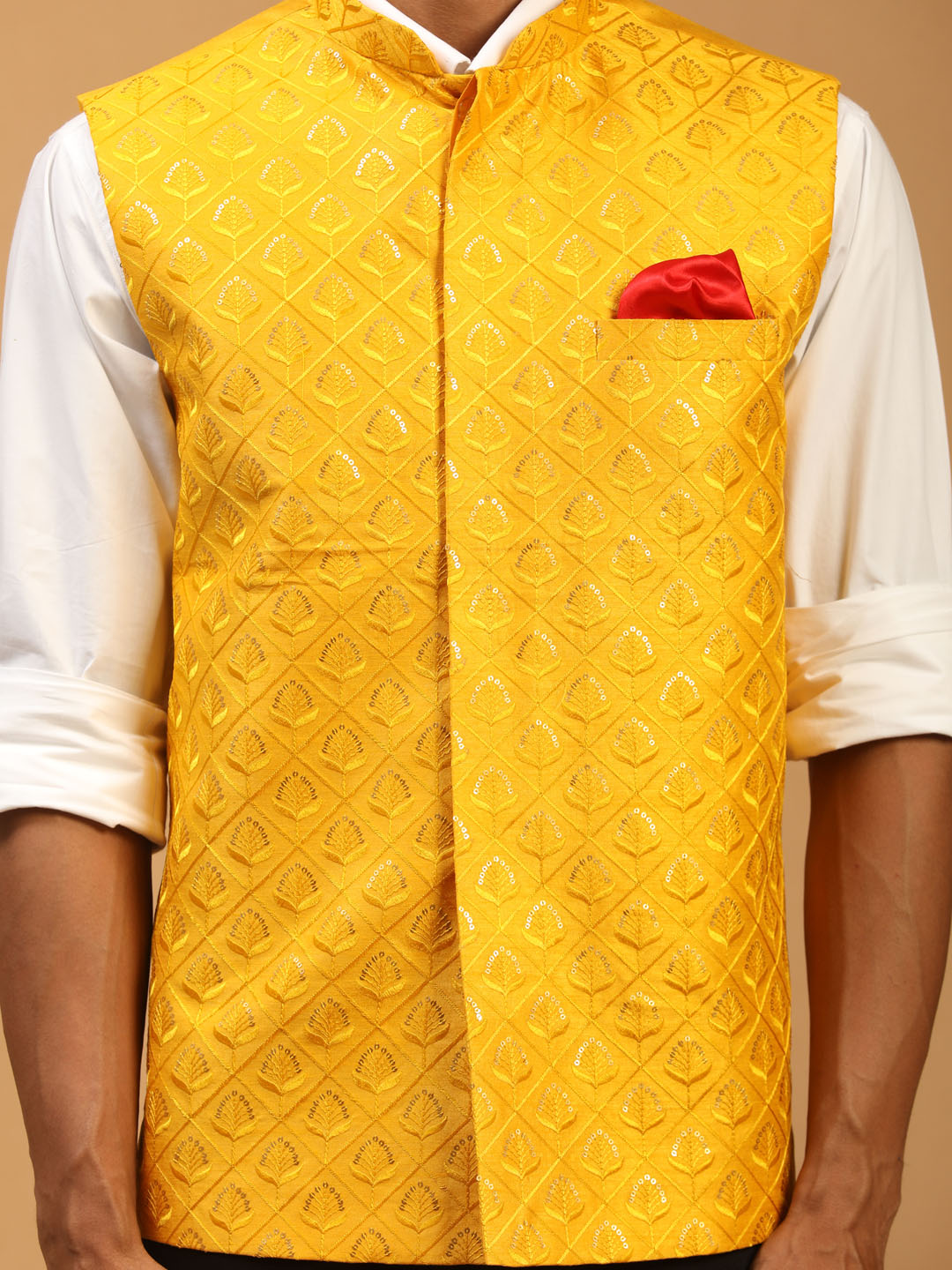Men's Yellow Embellished Ethnic Nehru Jacket