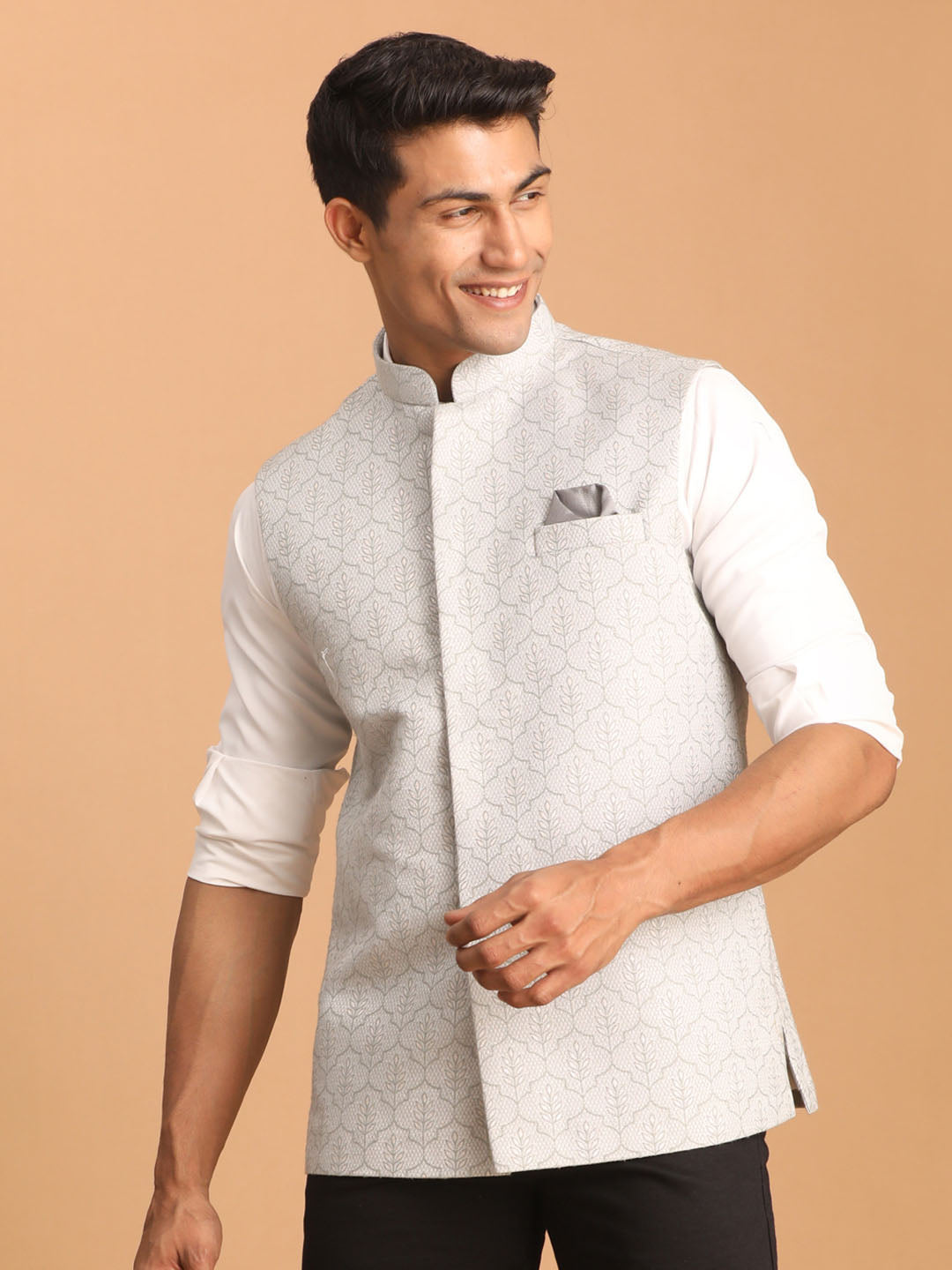 Men's Grey Jacquard Silk Blend Printed Jacket