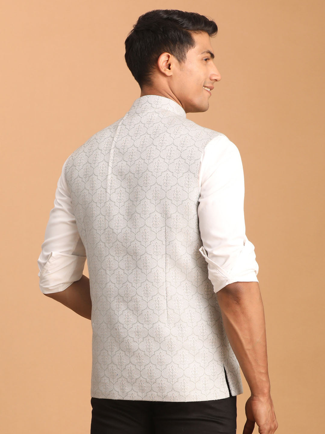 Men's Grey Jacquard Silk Blend Printed Jacket