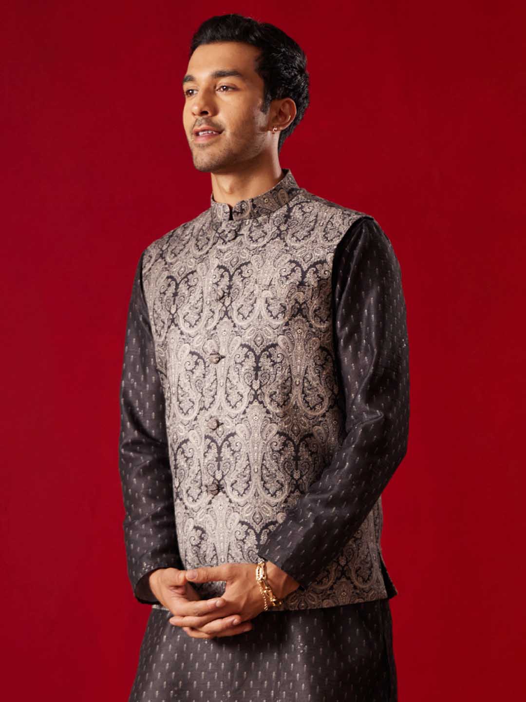 Men's Black Jacquard Silk Blend Ethnic Jacket