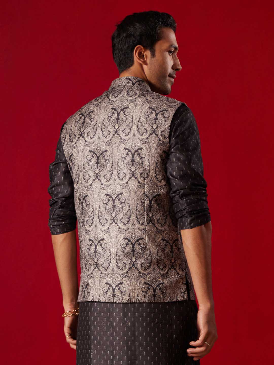 Men's Black Jacquard Silk Blend Ethnic Jacket