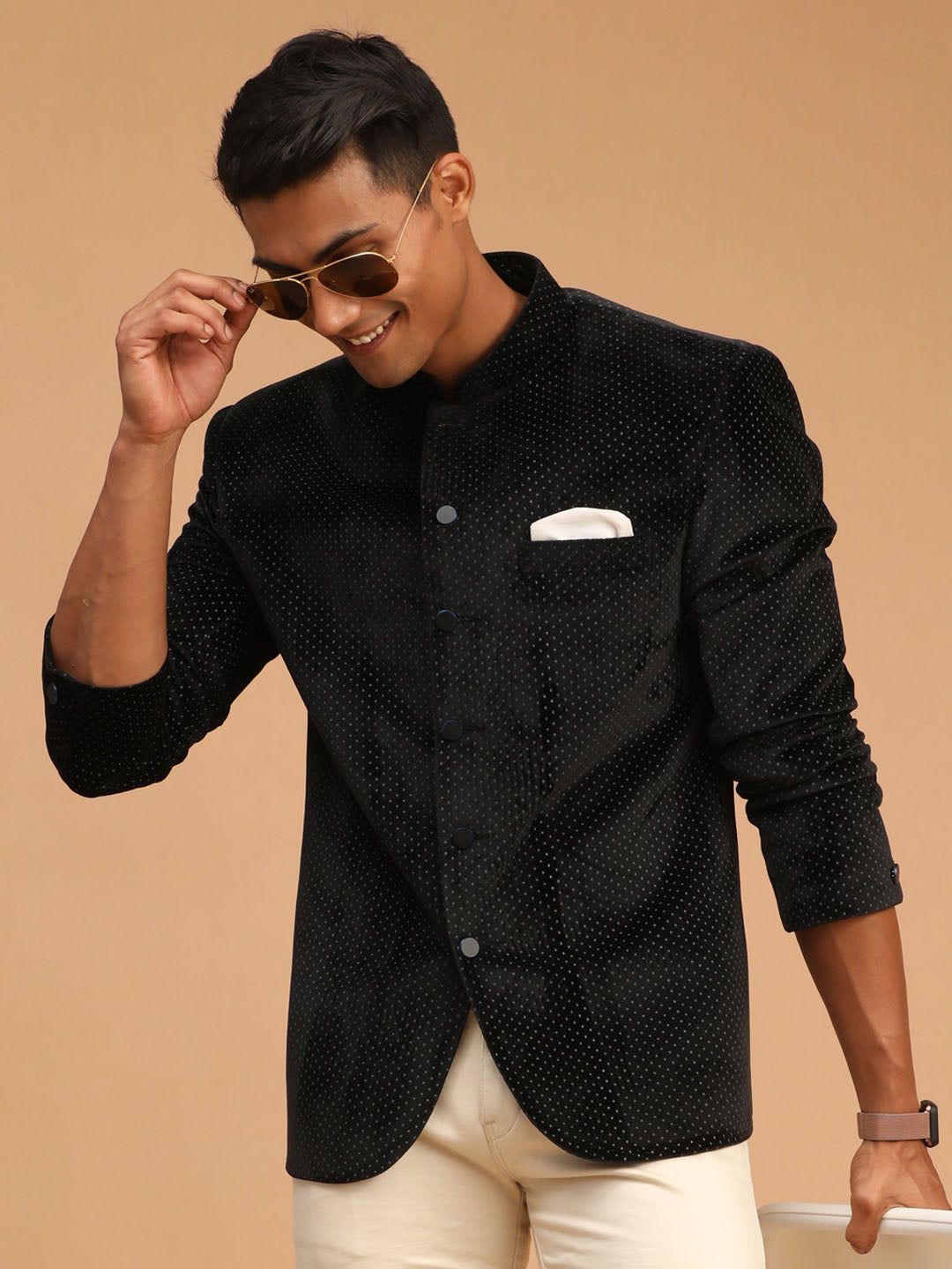 Men's Black Polka Dot Printed Velvet Jodhpuri
