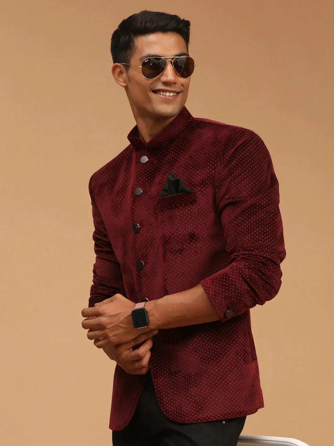Men's Maroon Polka Dot Printed Velvet Jodhpuri