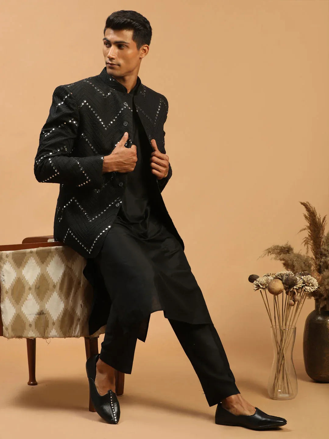 Men's Black Mirror Jodhpuri With Kurta Pant Set