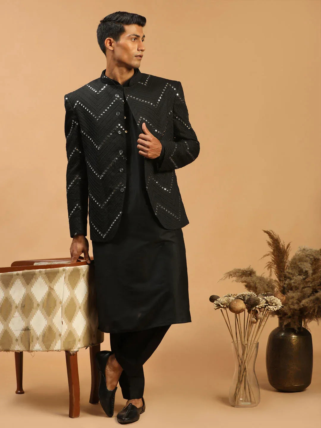 Men's Black Mirror Jodhpuri With Kurta Pant Set
