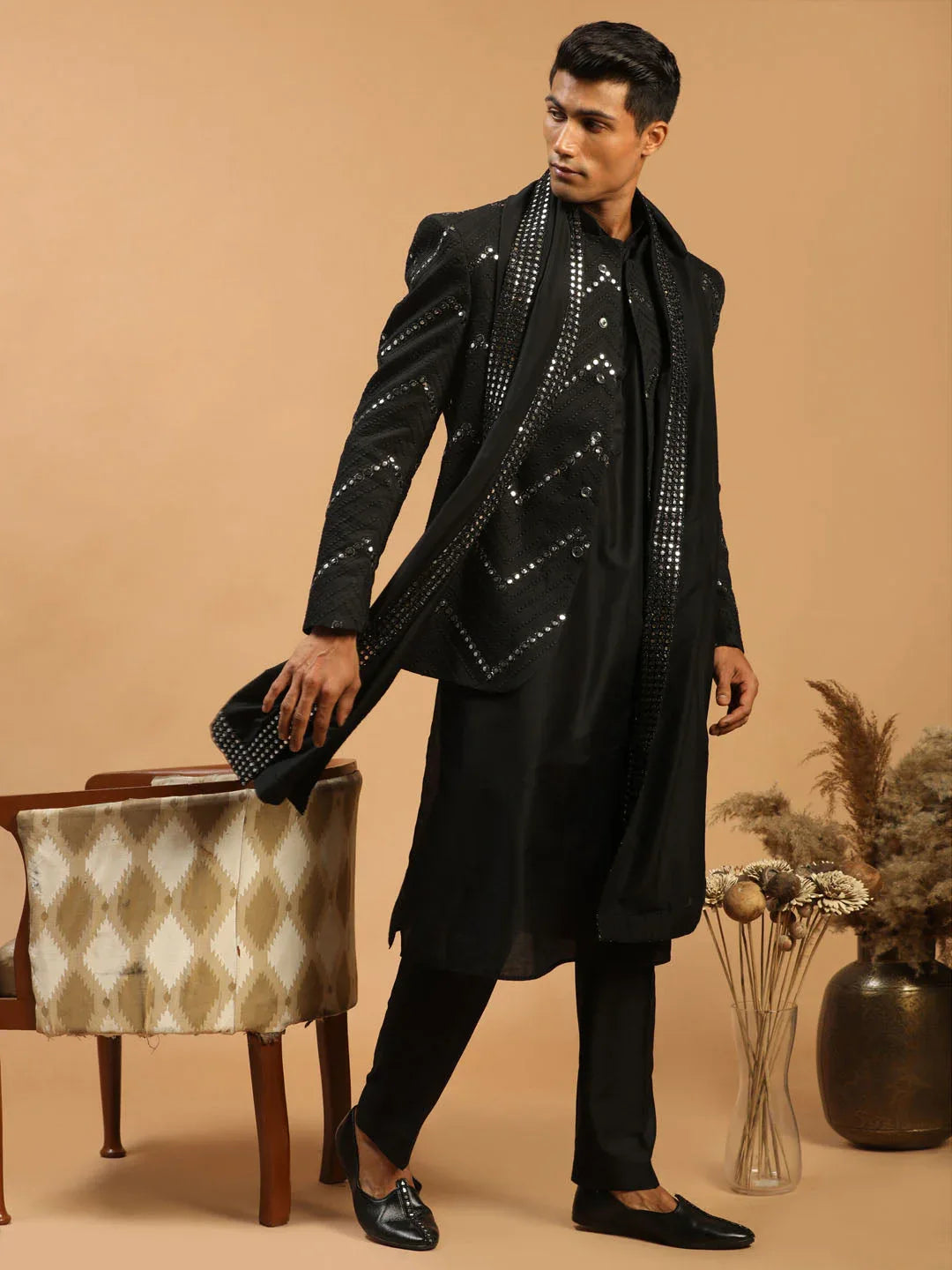 Men's Black Mirror Jodhpuri With Kurta Pant And Dupatta Set