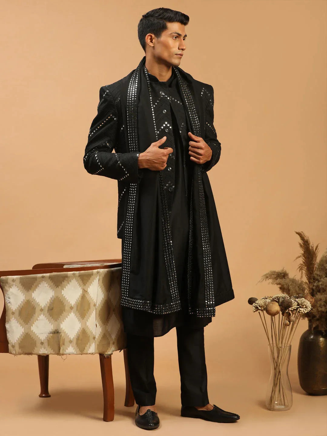 Men's Black Mirror Jodhpuri With Kurta Pant And Dupatta Set