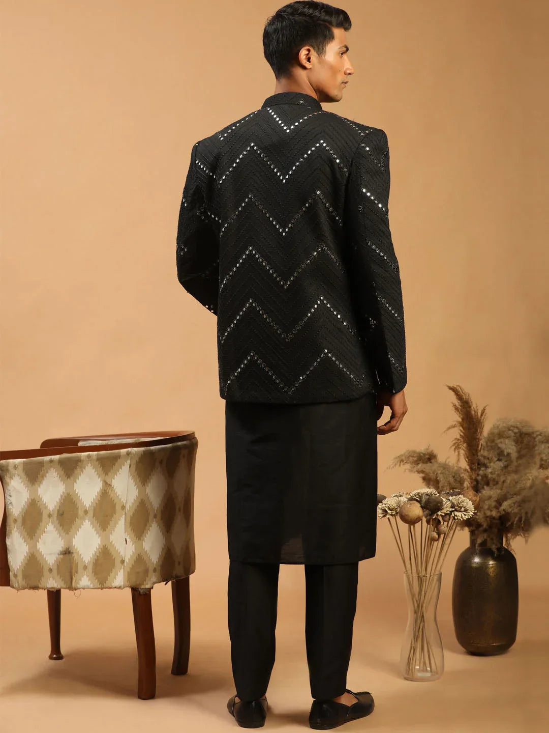 Men's Black Mirror Jodhpuri With Kurta Pant And Dupatta Set