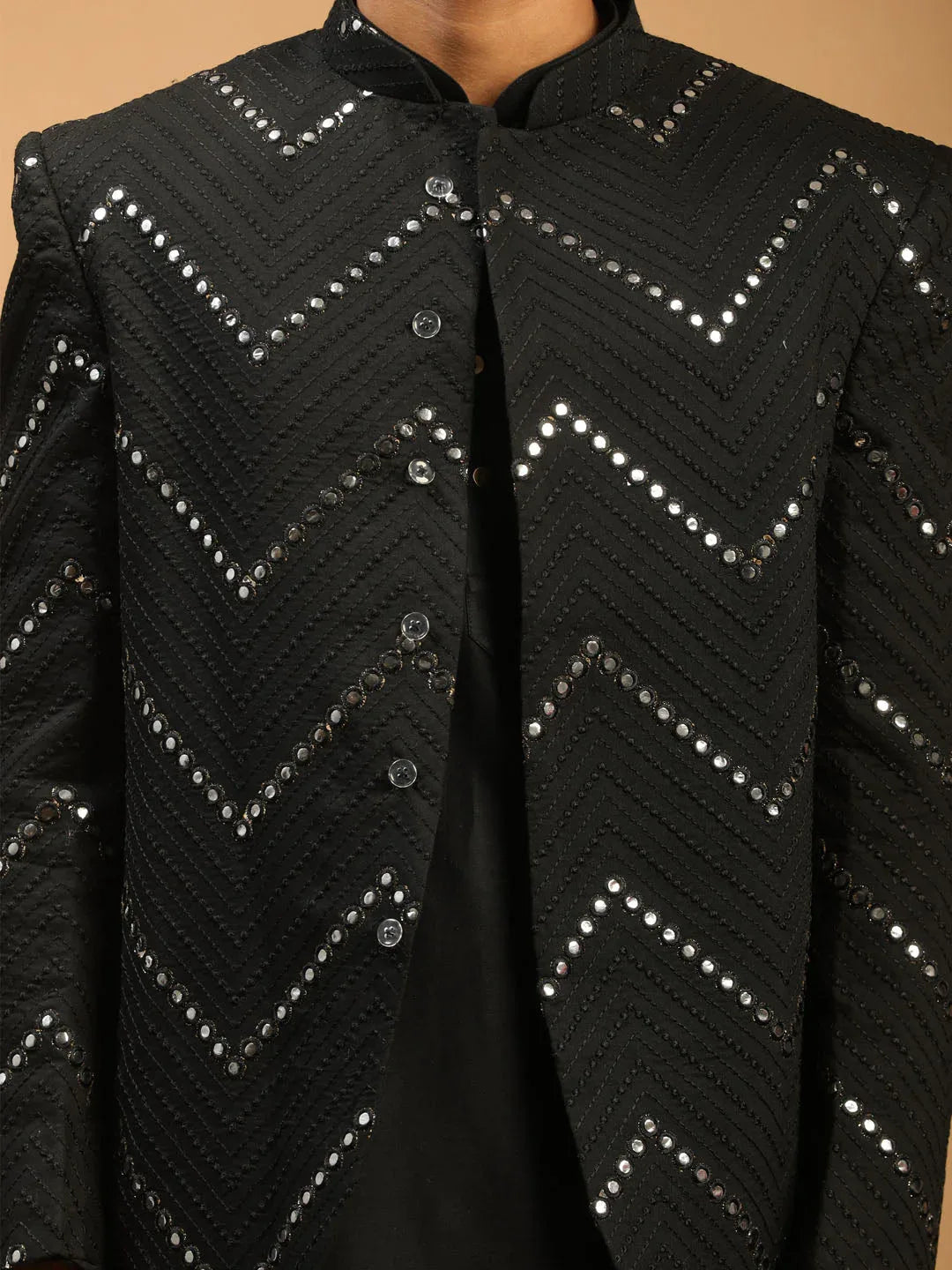 Men's Black Mirror Jodhpuri With Kurta Pant And Dupatta Set